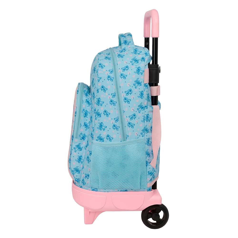 Mochila infantil Stitch Ohana com rodas e bolso frontal, azul e rosa. 3/3