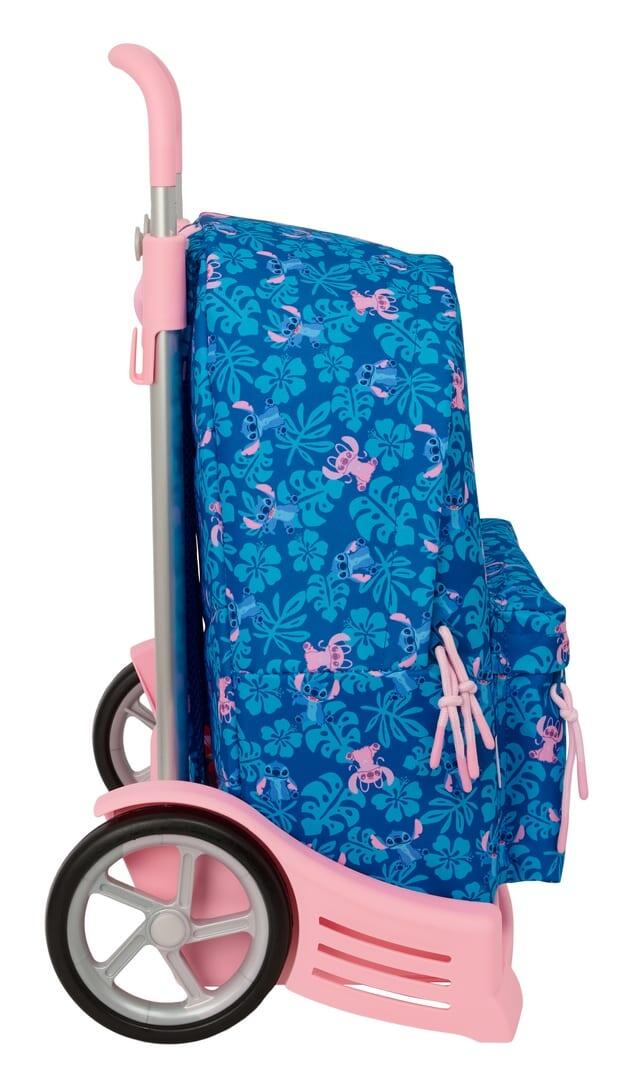 Mochila escolar infantil Stitch com rodinhas e bolso frontal, azul e rosa. 3/3