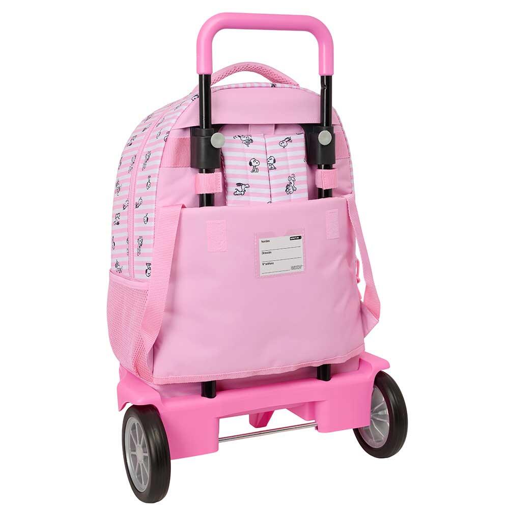 Mochila escolar infantil Snoopy com rodinhas e bolso frontal, rosa. 2/3