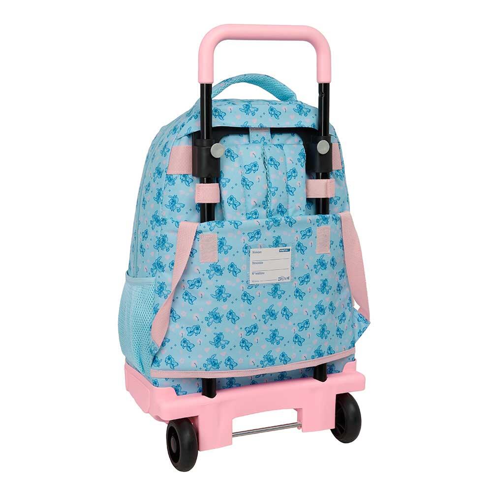 Mochila infantil Stitch Ohana com rodas e bolso frontal, azul e rosa. 2/3