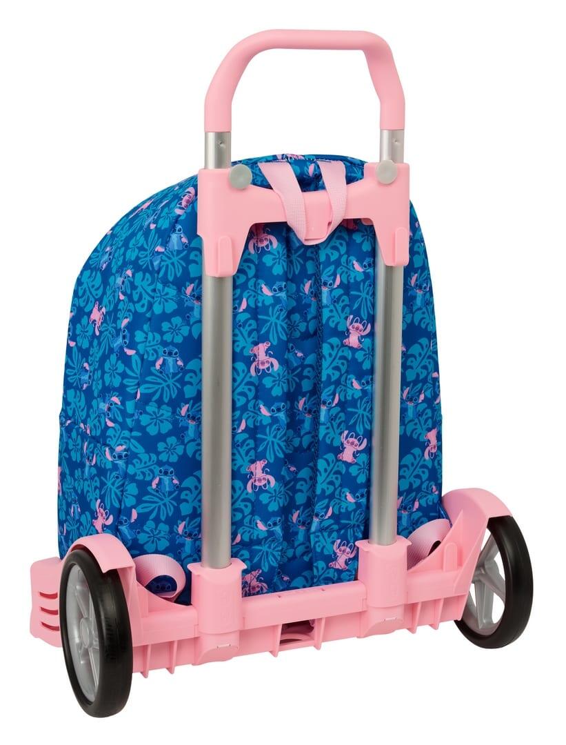 Mochila escolar infantil Stitch com rodinhas e bolso frontal, azul e rosa. 2/3