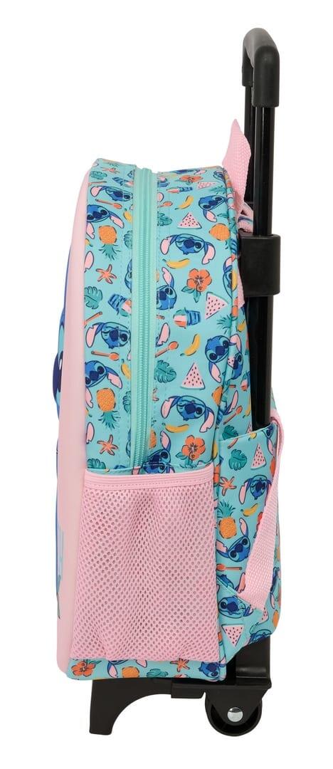 Mochila infantil Stitch 3D com rodas e porta-garrafa, rosa e turquesa. 3/3