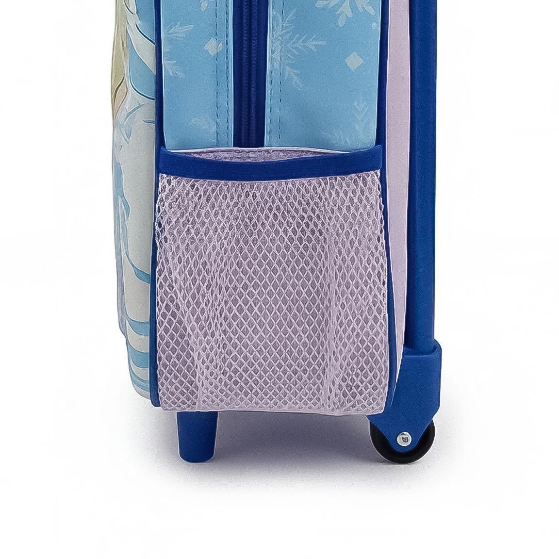 Mochila infantil Frozen 3D com rodinhas, em poliéster, azul. 3/6