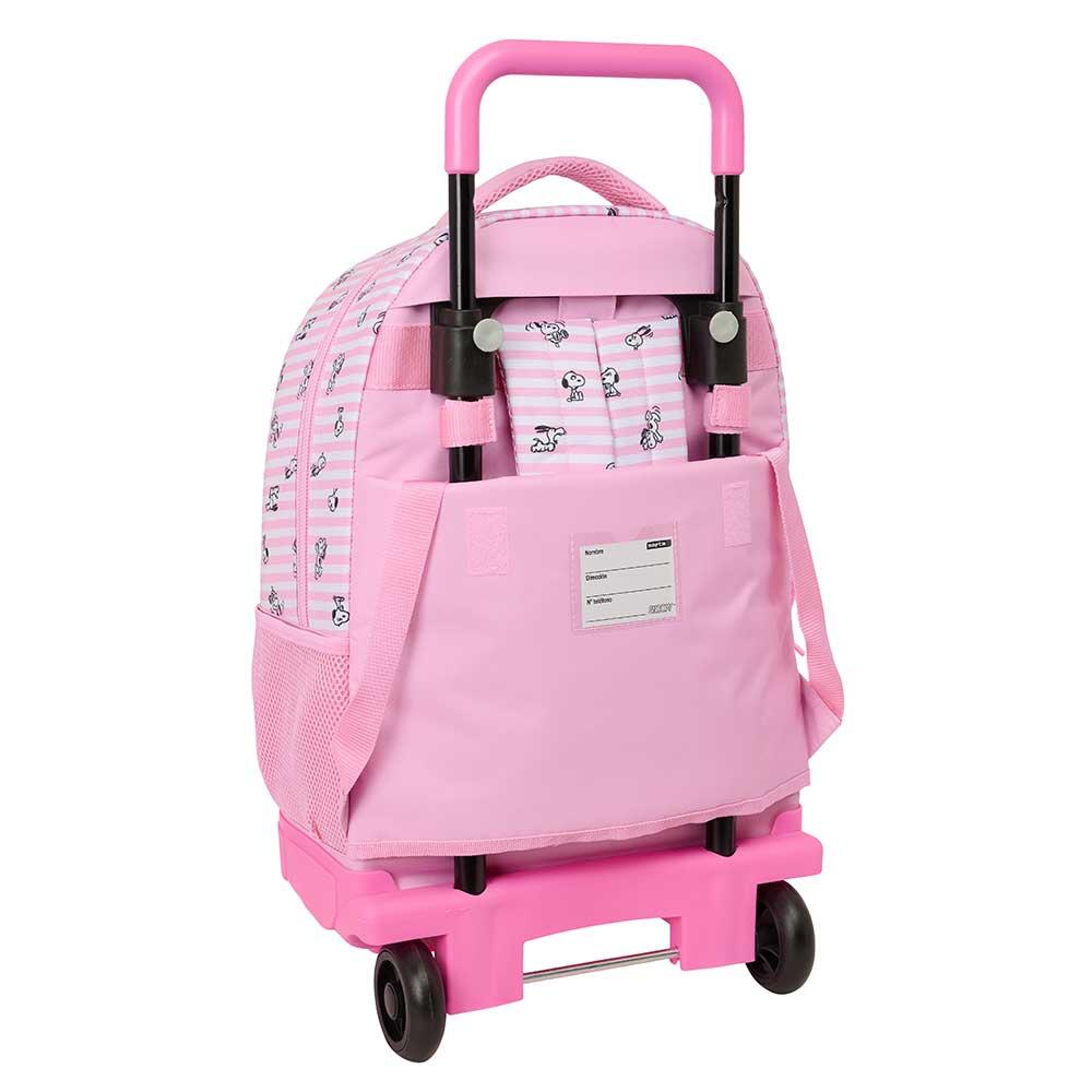 Mochila escolar infantil Snoopy com rodinhas removíveis e porta-garrafa, rosa 2/3
