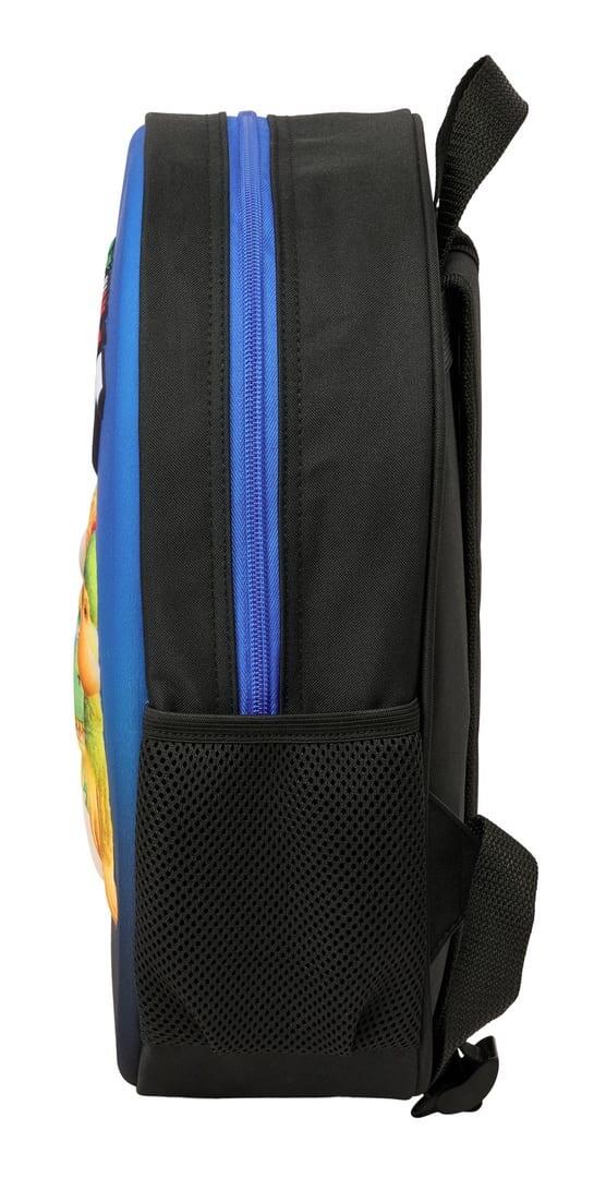 Mochila infantil Brainrot 3D com porta-garrafa lateral, azul e preta. 3/3