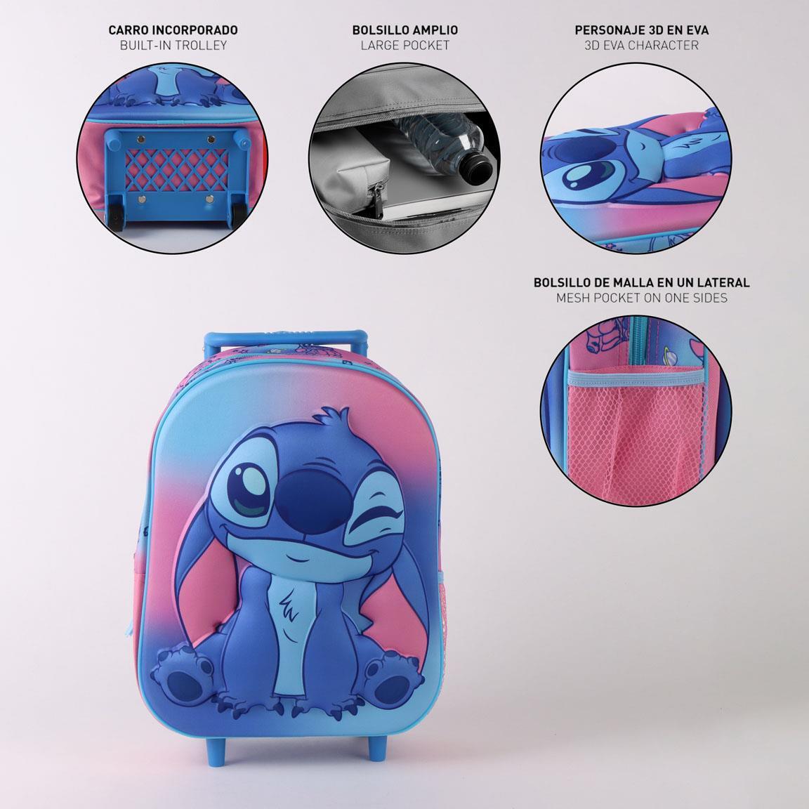 Mochila infantil Stitch 3D com rodinhas, rosa, em poliéster. 6/6