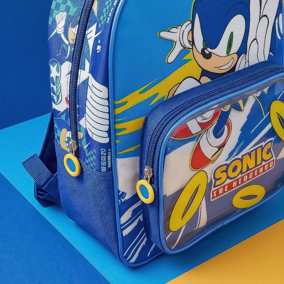 Mochila escolar infantil Sonic em poliéster com bolso frontal, azul. 6/6