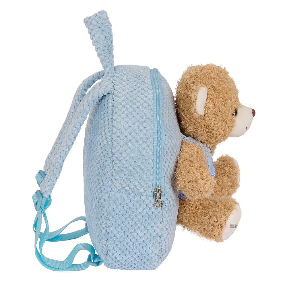 Mochila pré-escolar infantil com ursinho de pelúcia removível e zíper azul 3/5