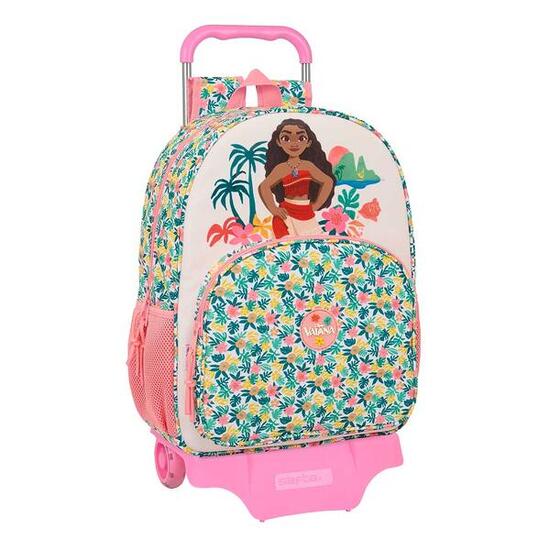 Sac à dos scolaire pour enfants Vaiana avec roulettes et poche avant, rose