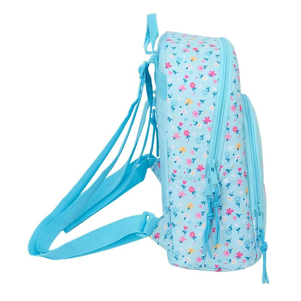 Mochila infantil Blackfit8 Petals Mini com bolso frontal azul claro. 3/4