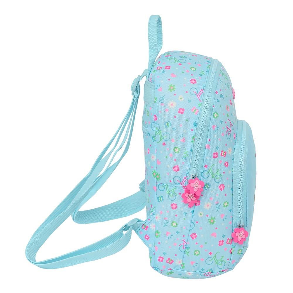 Mochila infantil pequena com estampa de bicicleta reciclada e bolso frontal 3/4