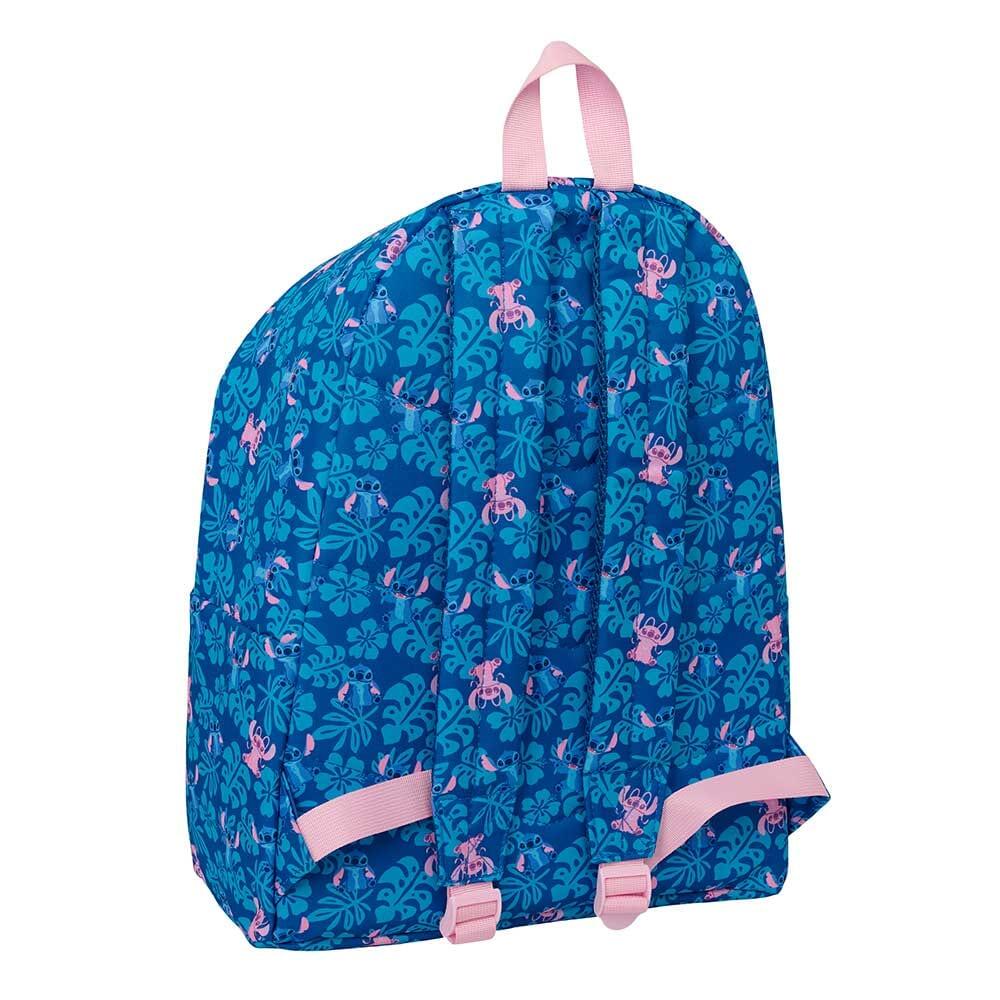 Mochila infantil Stitch Lilo com bolso frontal e alças ajustáveis, azul e rosa. 2/3