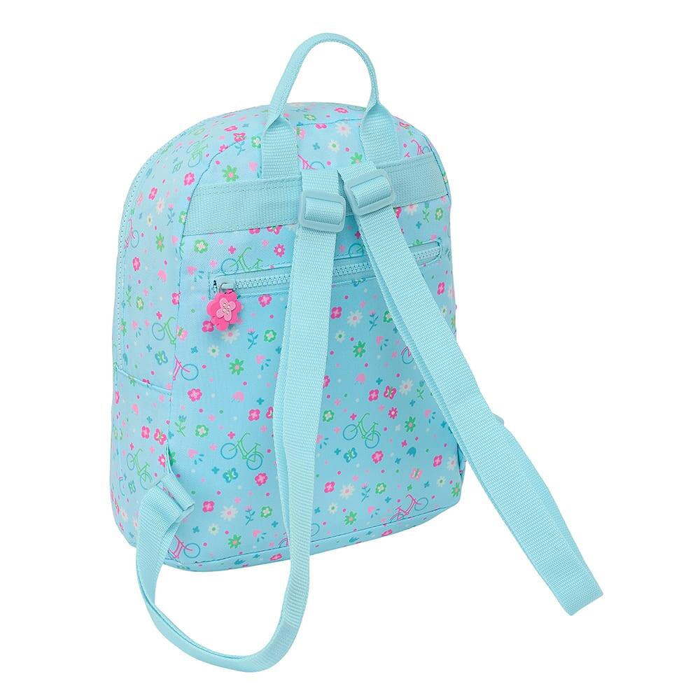Mochila infantil pequena com estampa de bicicleta reciclada e bolso frontal 2/4