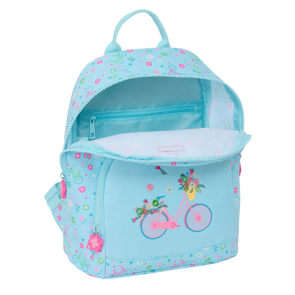 Mochila infantil pequena com estampa de bicicleta reciclada e bolso frontal 4/4