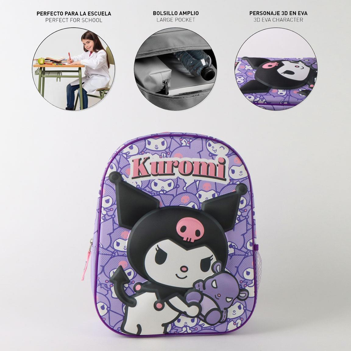 Mochila infantil Kuromi 3D feita de poliéster e EVA com porta-garrafa, roxa. 5/6