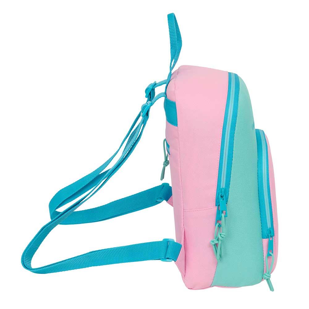 Mochila infantil Benetton Dolce Mini com bolso frontal, rosa e turquesa. 3/4