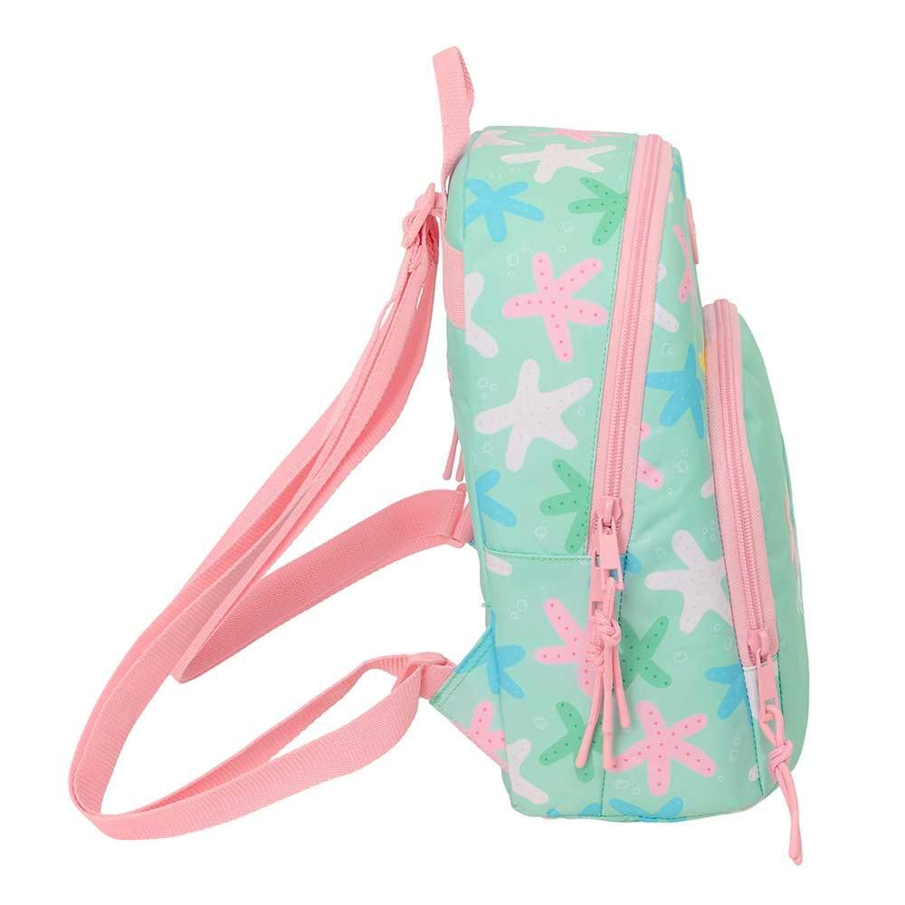 Mochila infantil pequena com estrelas, bolso frontal e zíper, verde. 3/4