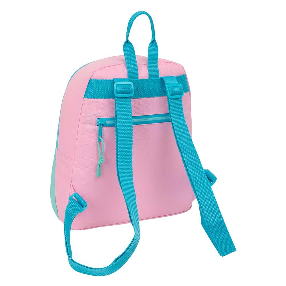 Mochila infantil Benetton Dolce Mini com bolso frontal, rosa e turquesa. 2/4