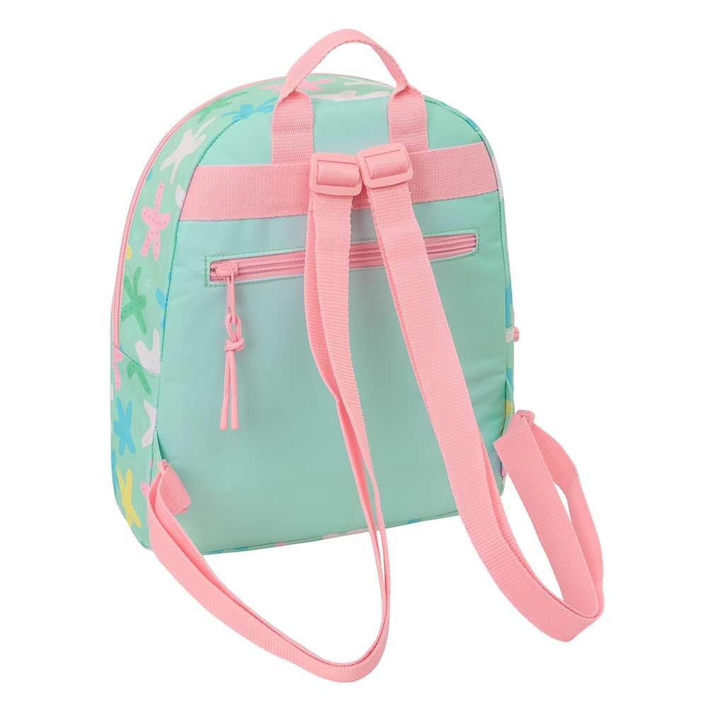 Mochila infantil pequena com estrelas, bolso frontal e zíper, verde. 2/4