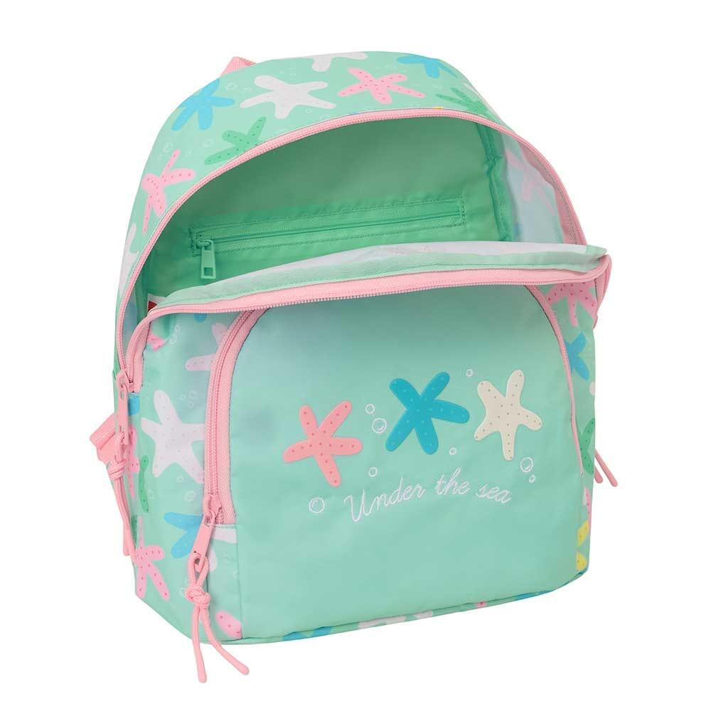 Mochila infantil pequena com estrelas, bolso frontal e zíper, verde. 4/4
