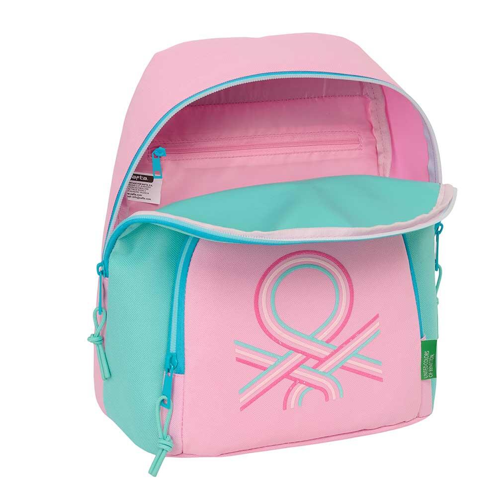 Mochila infantil Benetton Dolce Mini com bolso frontal, rosa e turquesa. 4/4