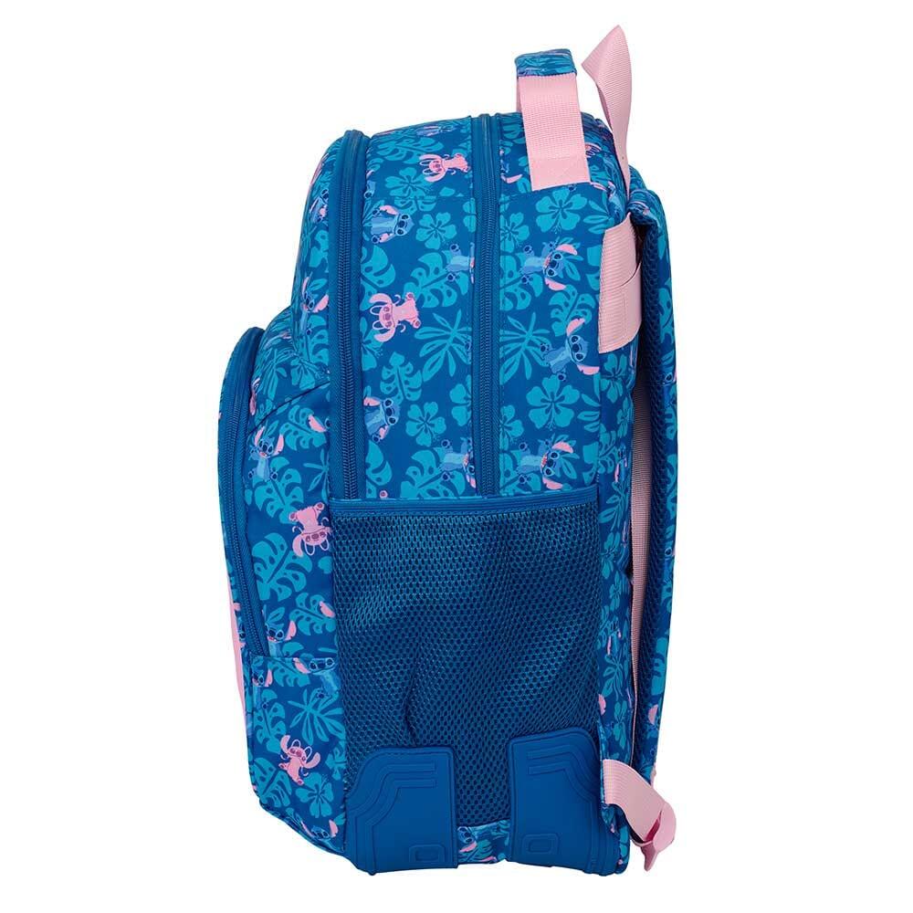 Mochila escolar dupla infantil Stitch com bolso frontal, azul e rosa. 3/3