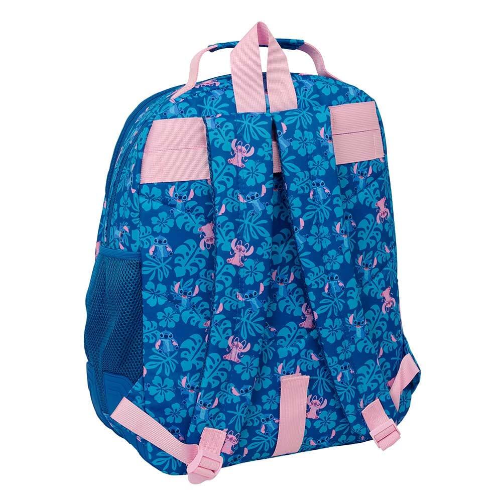 Mochila escolar dupla infantil Stitch com bolso frontal, azul e rosa. 2/3
