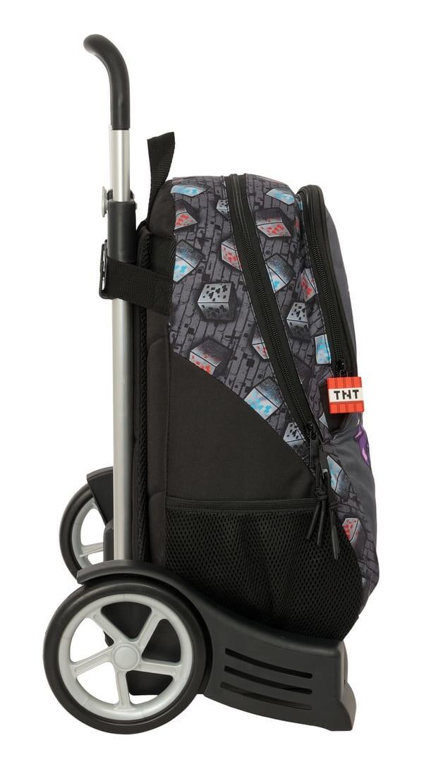 Mochila escolar infantil Minecraft com rodinhas e porta-garrafa, cinza e preta. 3/3