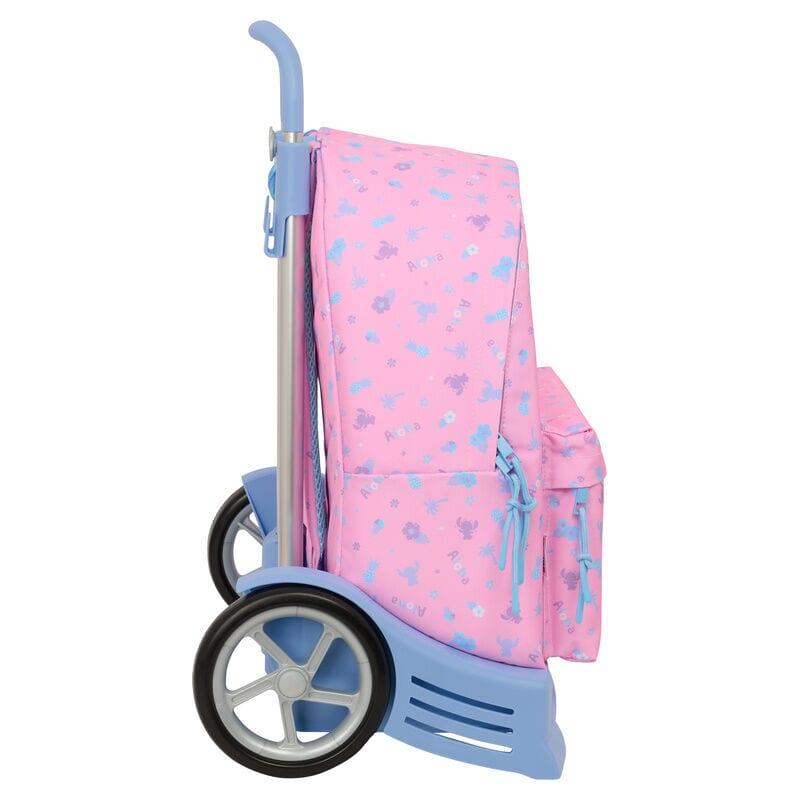 Mochila escolar infantil Stitch com rodinhas e bolso frontal, rosa e azul. 3/3