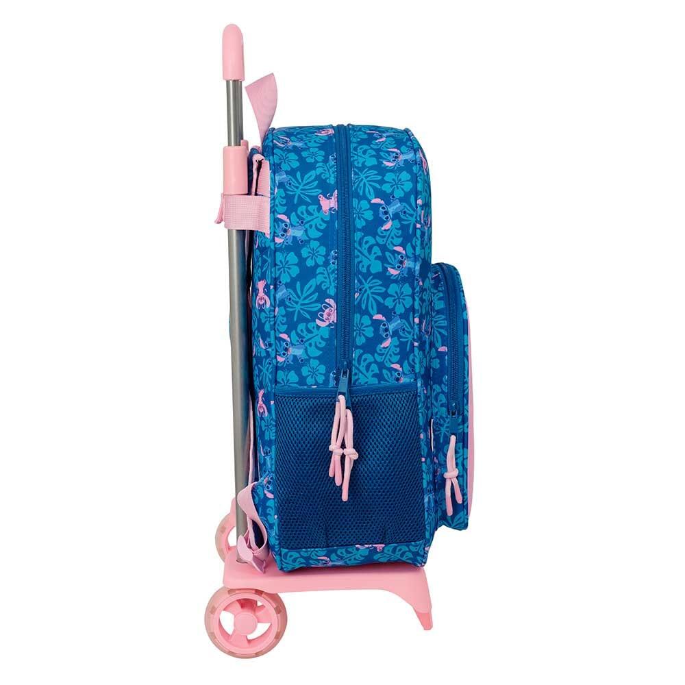 Mochila escolar infantil Stitch com rodinhas e bolso frontal, azul e rosa. 3/3