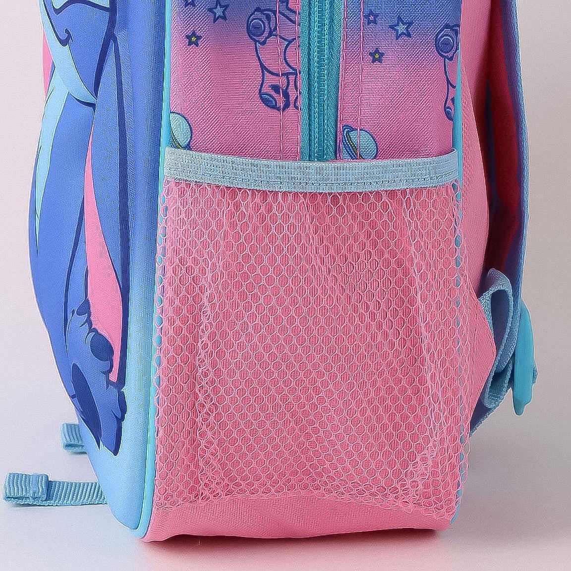 Mochila escolar infantil rosa em poliéster com costura 3D e porta-garrafa. 3/6