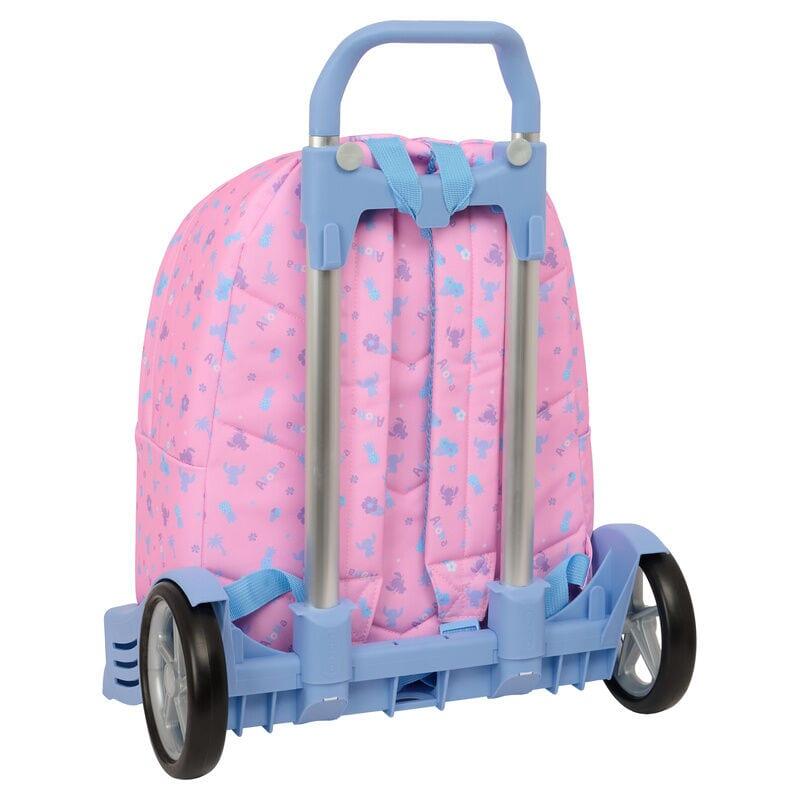 Mochila escolar infantil Stitch com rodinhas e bolso frontal, rosa e azul. 2/3