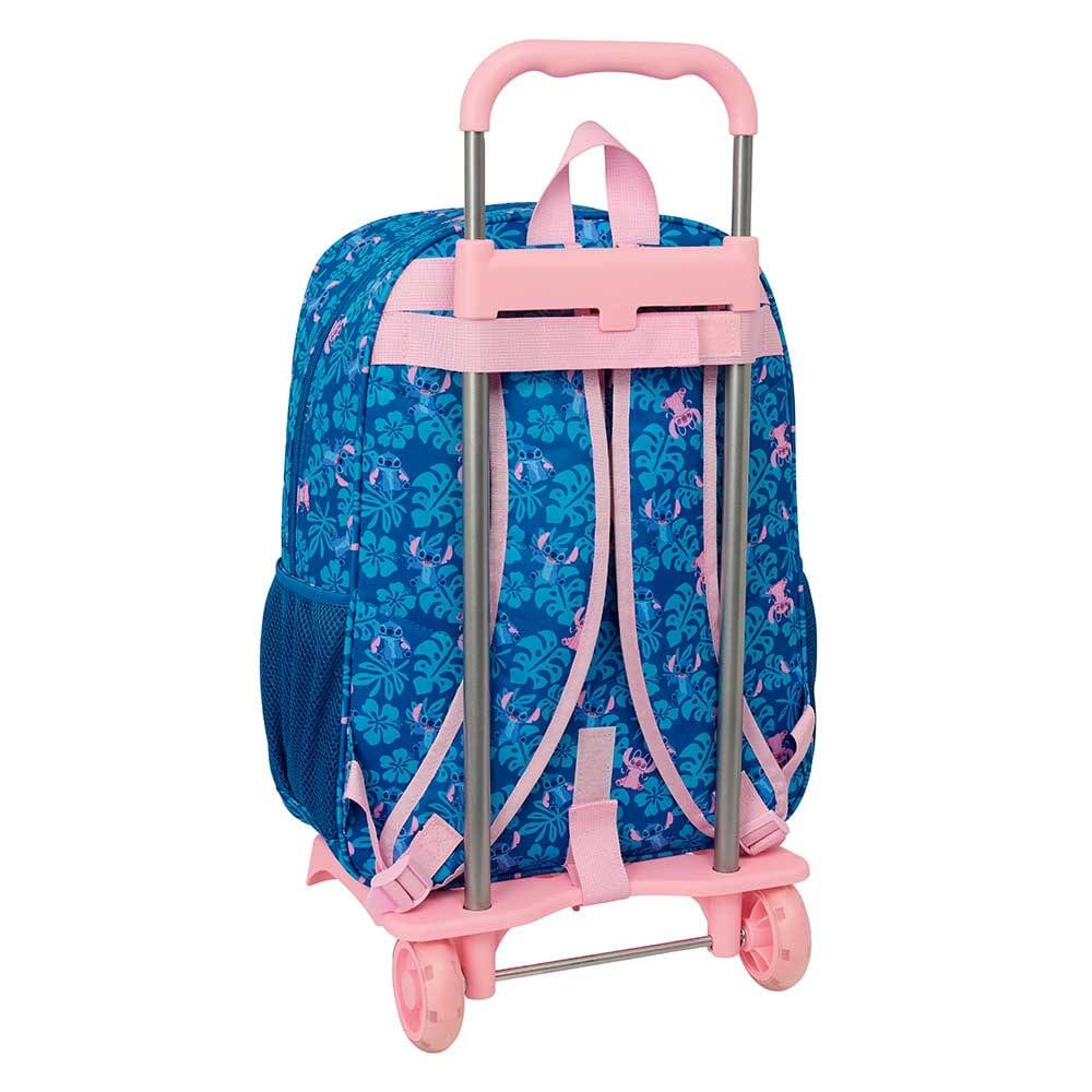 Mochila escolar infantil Stitch com rodinhas e bolso frontal, azul e rosa. 2/3