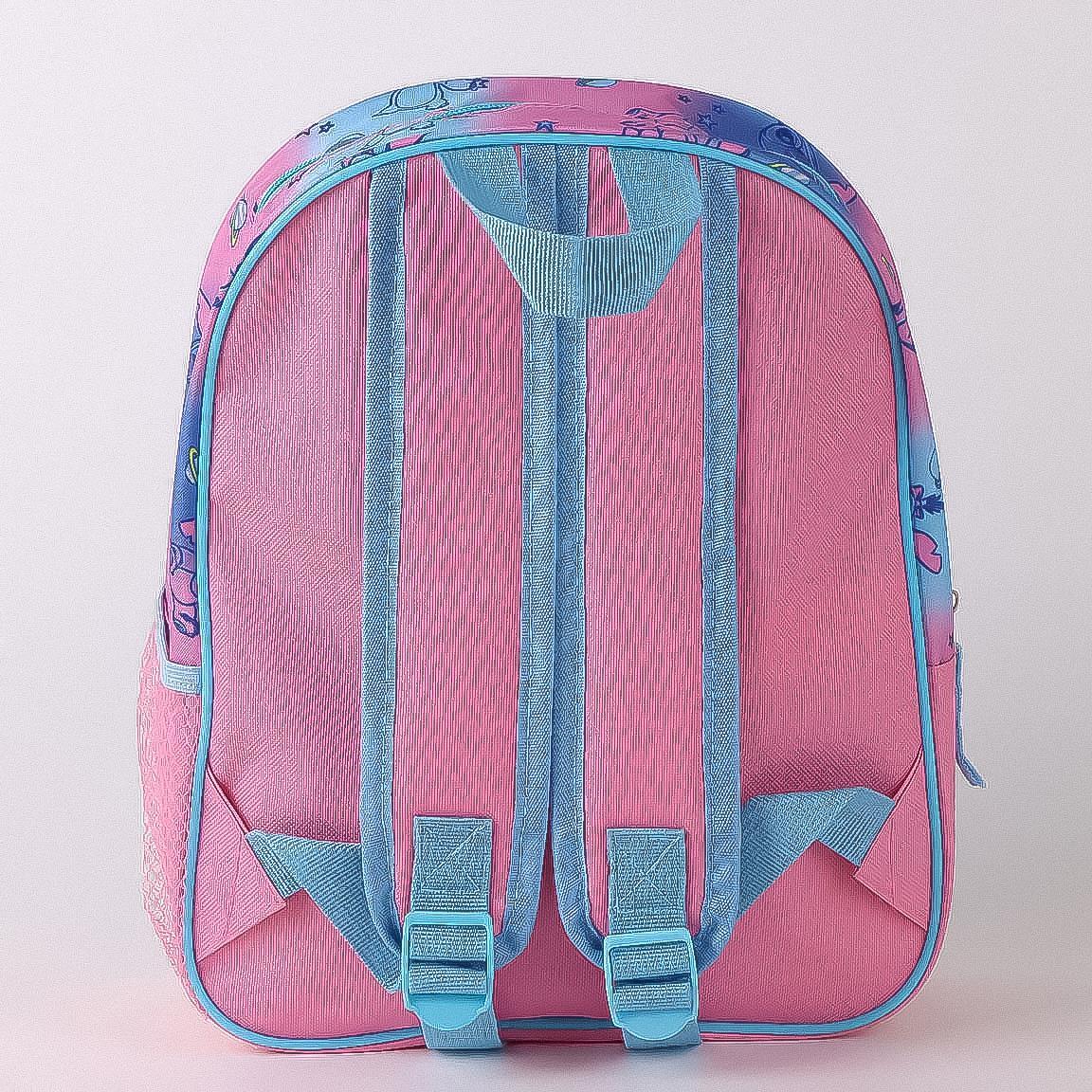 Mochila escolar infantil rosa em poliéster com costura 3D e porta-garrafa. 2/6