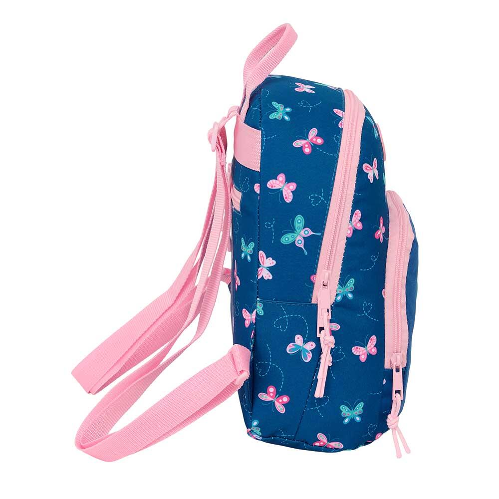 Mochila infantil mini Blackfit8 com borboletas e bolso frontal em azul e rosa. 3/4