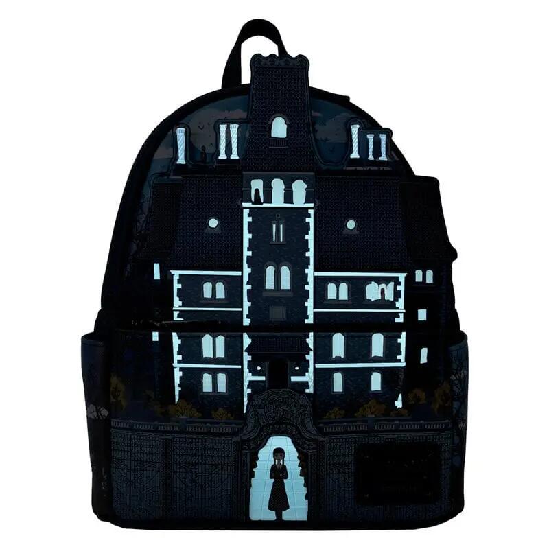 Mochila infantil Wednesday Nevermore Academy com bolso frontal, preta e azul. 3/4