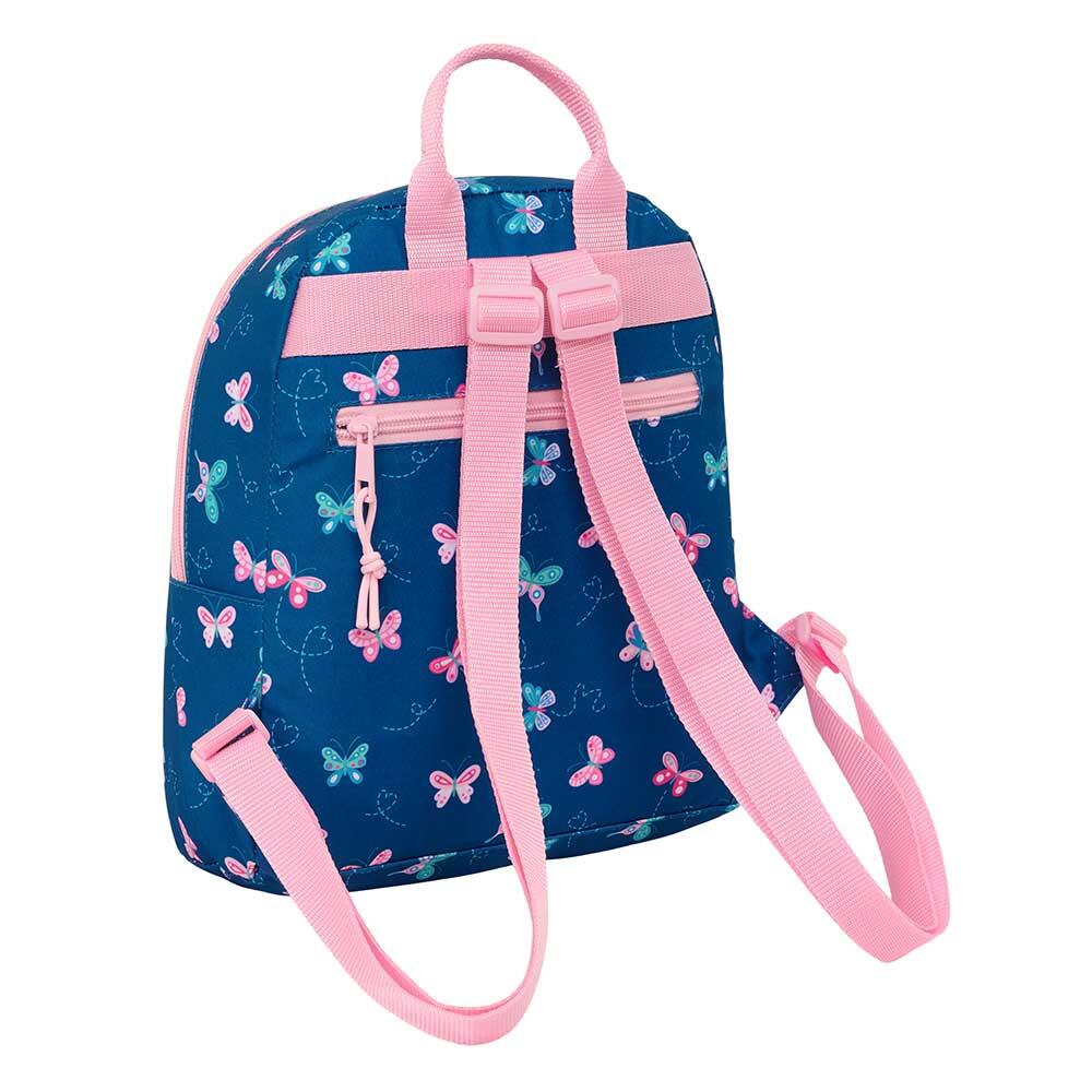 Mochila infantil mini Blackfit8 com borboletas e bolso frontal em azul e rosa. 2/4