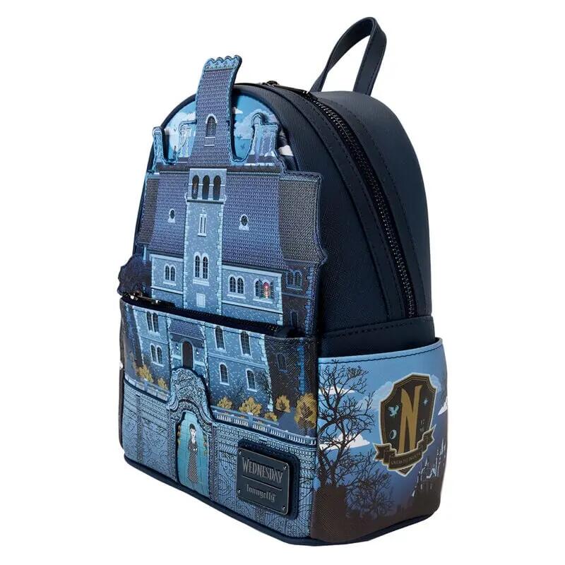 Mochila infantil Wednesday Nevermore Academy com bolso frontal, preta e azul. 2/4