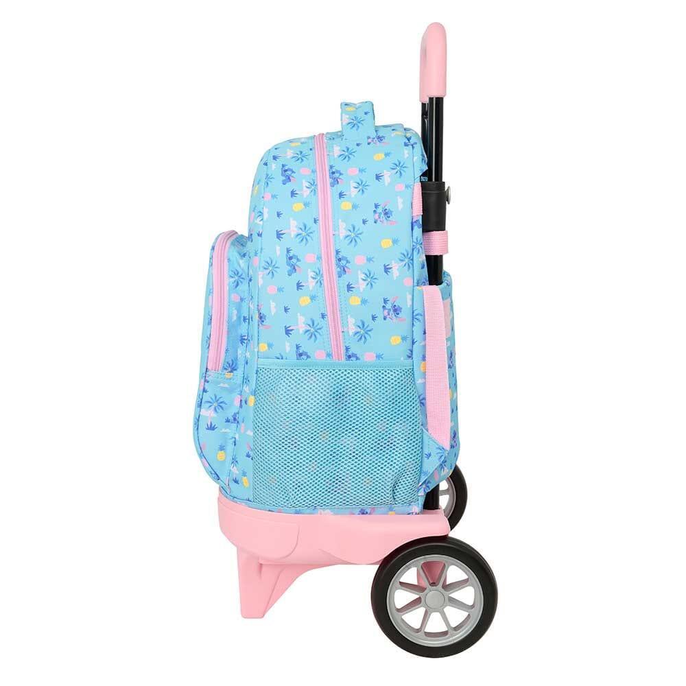Mochila escolar infantil Stitch com rodinhas e porta-garrafa, azul e rosa. 3/3