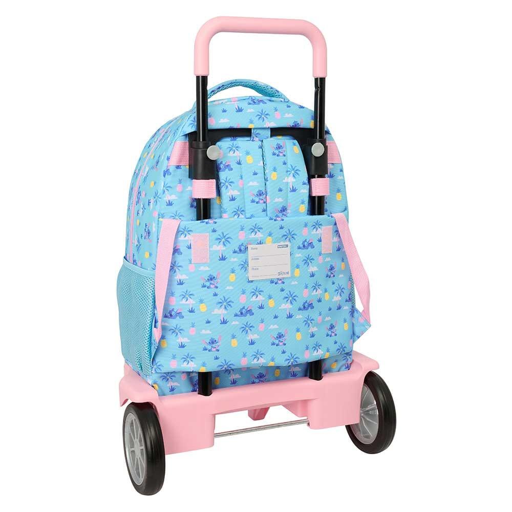 Mochila escolar infantil Stitch com rodinhas e porta-garrafa, azul e rosa. 2/3