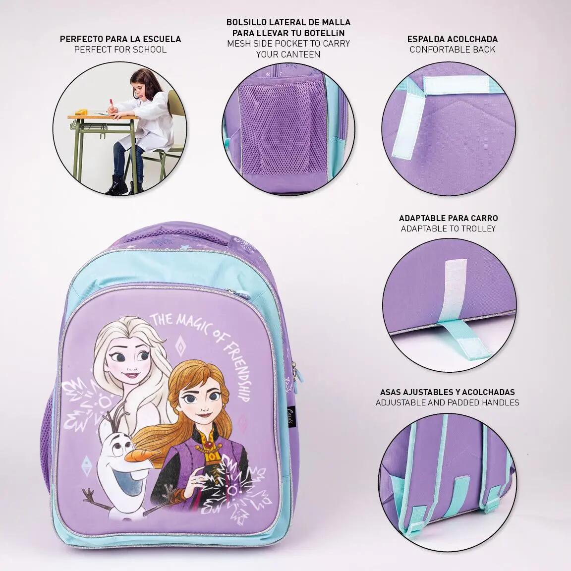 Mochila escolar infantil Frozen com costas acolchoadas e porta-garrafa, lilás 3/7