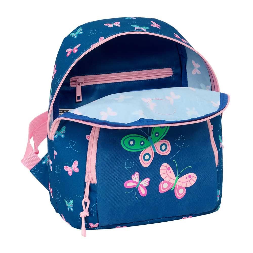 Mochila infantil mini Blackfit8 com borboletas e bolso frontal em azul e rosa. 4/4
