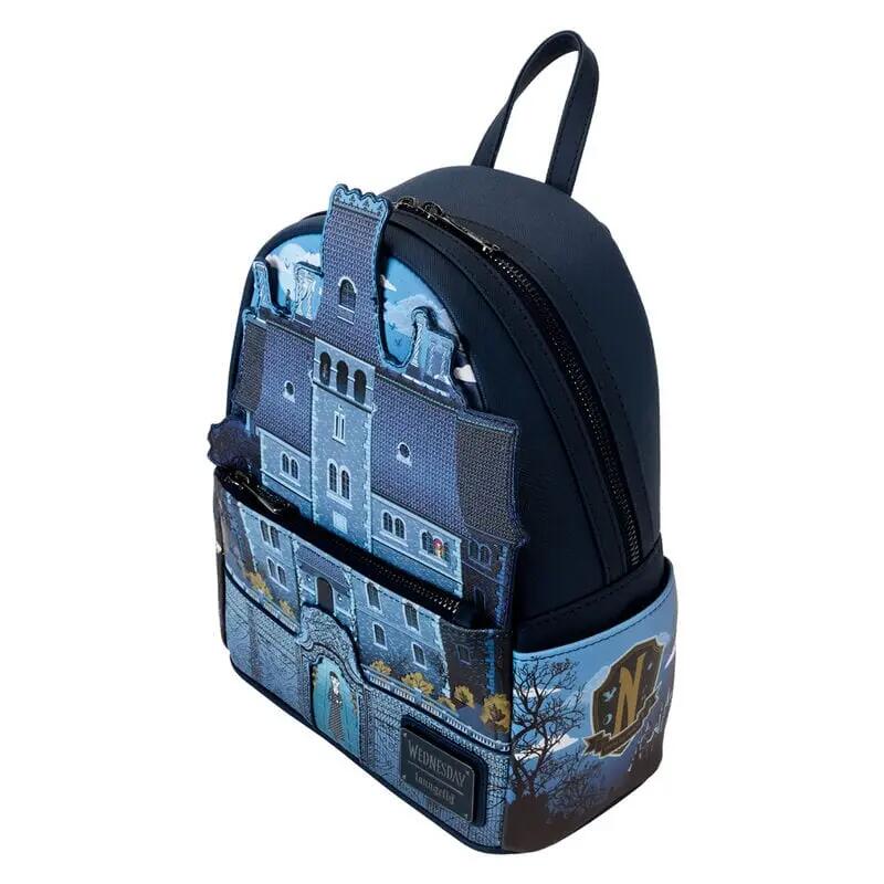 Mochila infantil Wednesday Nevermore Academy com bolso frontal, preta e azul. 4/4