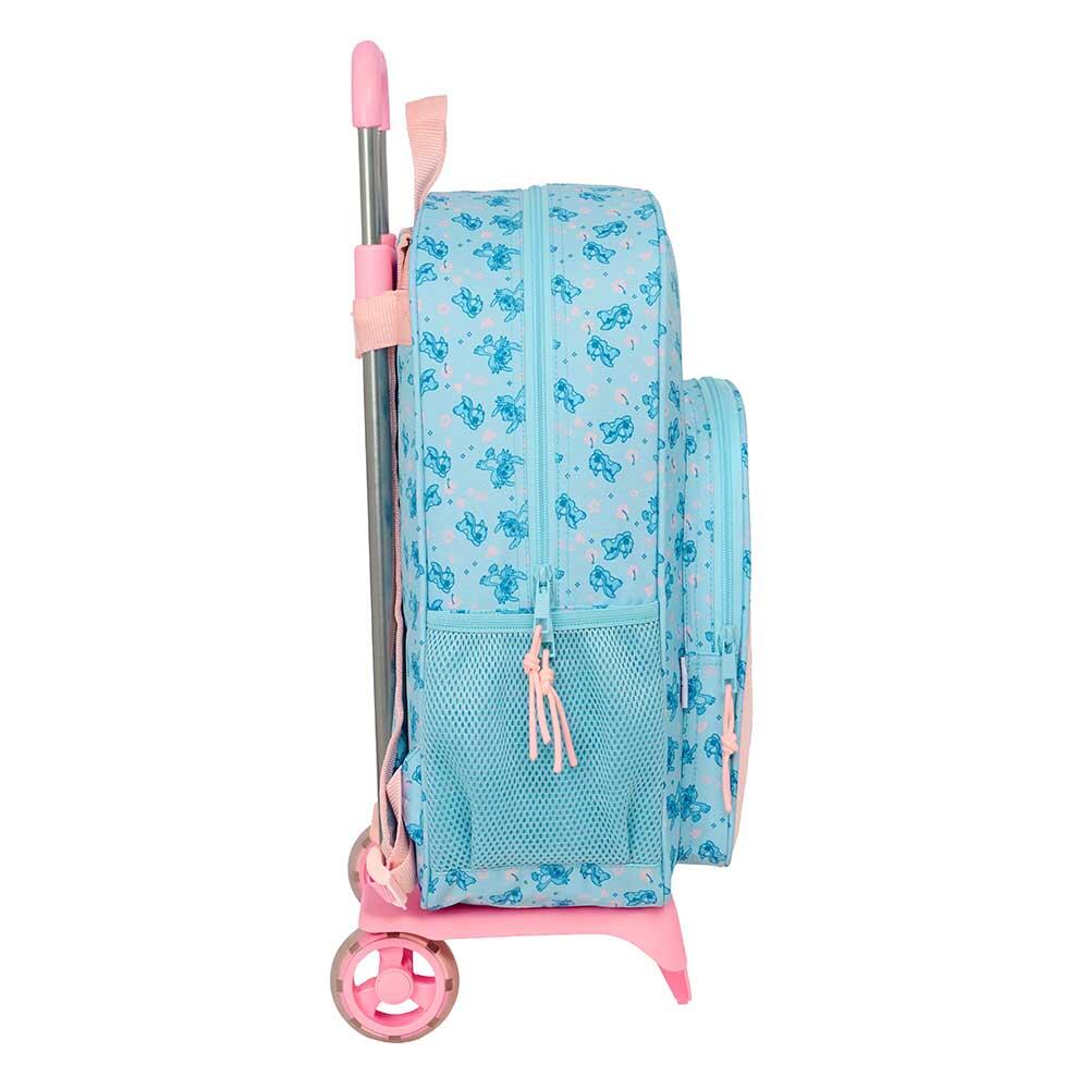 Mochila escolar infantil Stitch com rodinhas e bolso frontal, azul e rosa. 3/3
