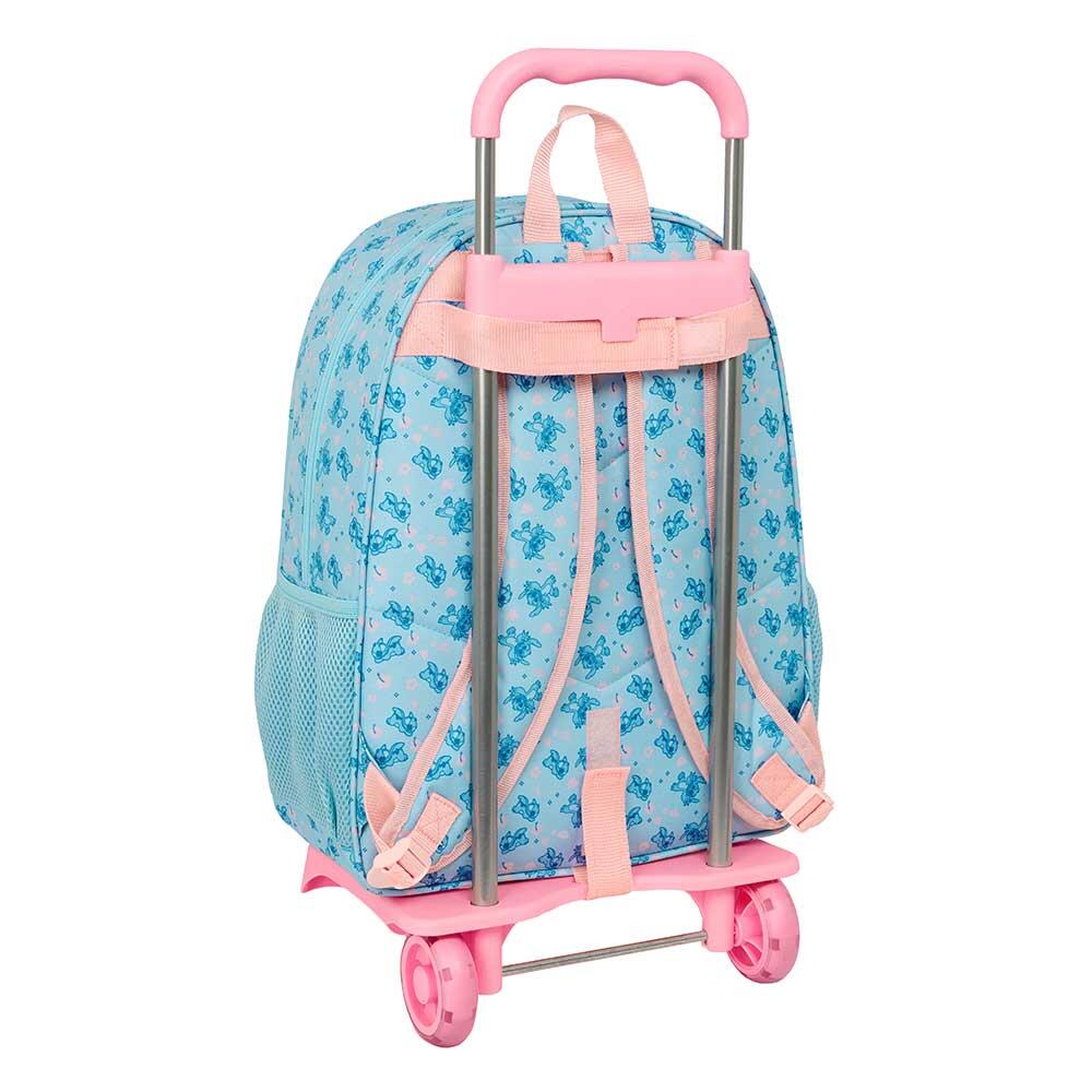 Mochila escolar infantil Stitch com rodinhas e bolso frontal, azul e rosa. 2/3