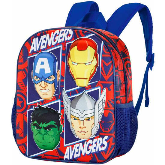Mochila infantil 3D dos Vingadores com bolsos laterais em tela azul e vermelha. 3/4