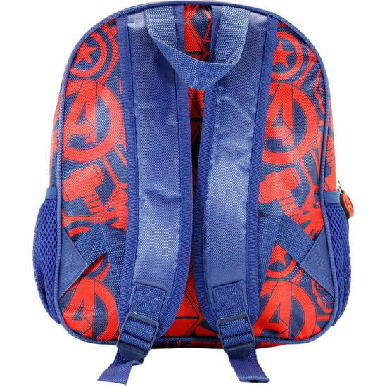 Mochila infantil 3D dos Vingadores com bolsos laterais em tela azul e vermelha. 2/4