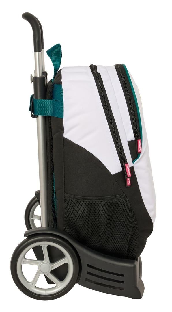 Mochila escolar infantil do Real Madrid com carrinho e rodas, branca e preta. 3/3