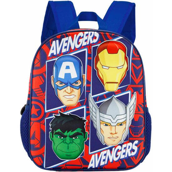 Mochila infantil 3D dos Vingadores com bolsos laterais em tela azul e vermelha. 4/4