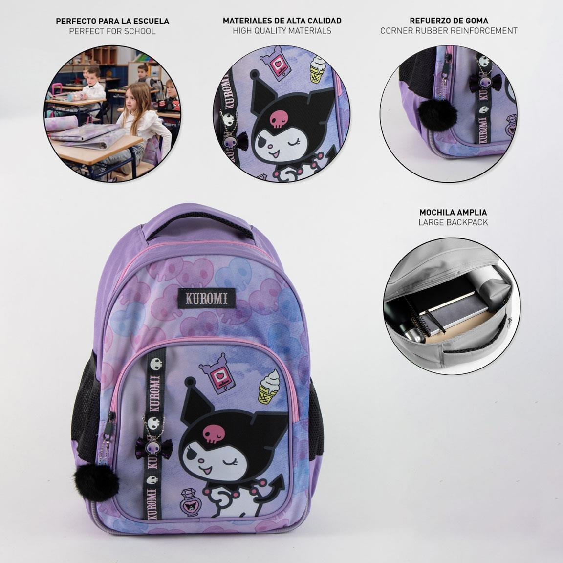 Zaino scolastico per bambini Hello Kitty Kuromi in poliestere con tasca viola 3/7